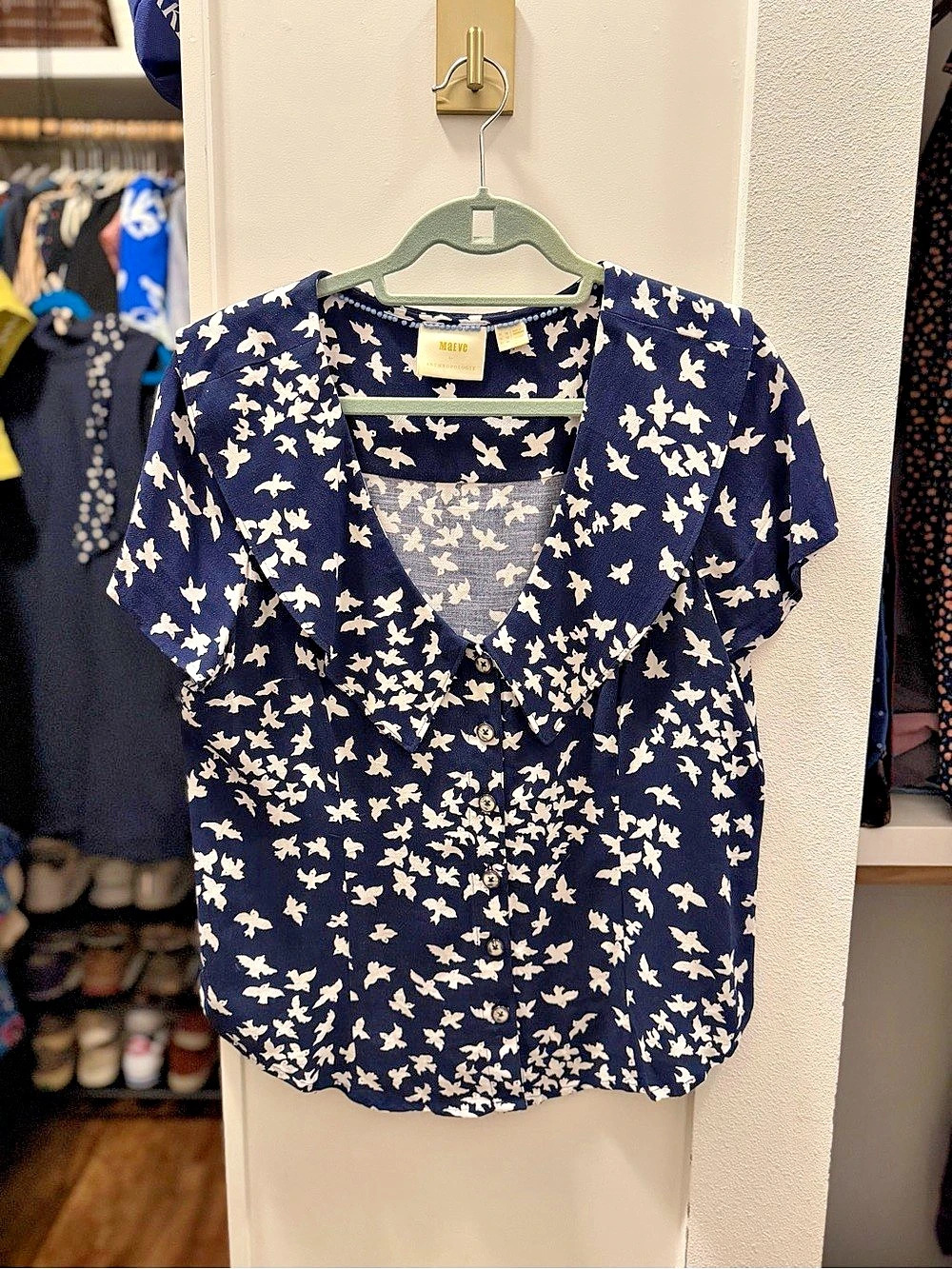 Anthropologie Maeve Austin Bird Print Blouse Navy White Size 12